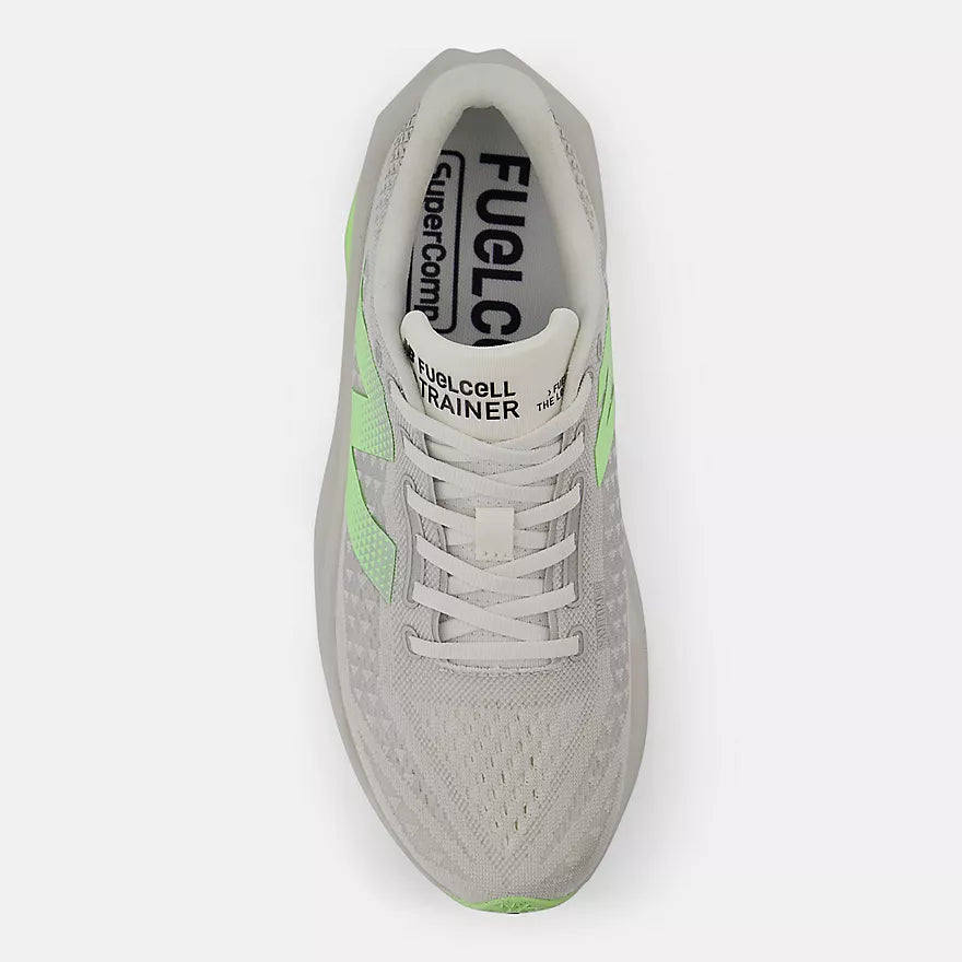 Men's New Balance FuelCell SuperComp Trainer v3. Grey upper. Grey and green midsole. Top view.
