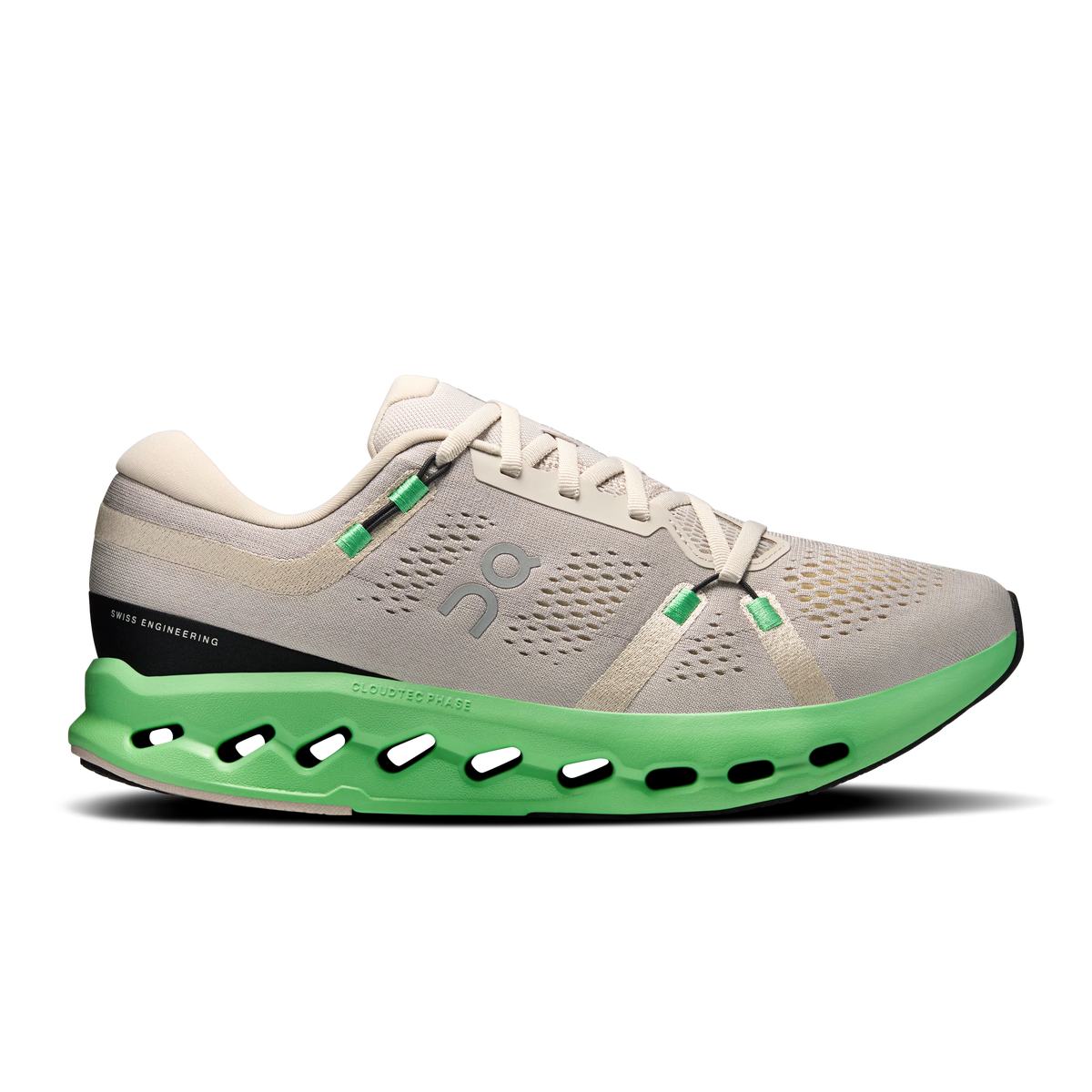 Men's On Cloudsurfer 2. White upper. Green midsole. Lateral view.