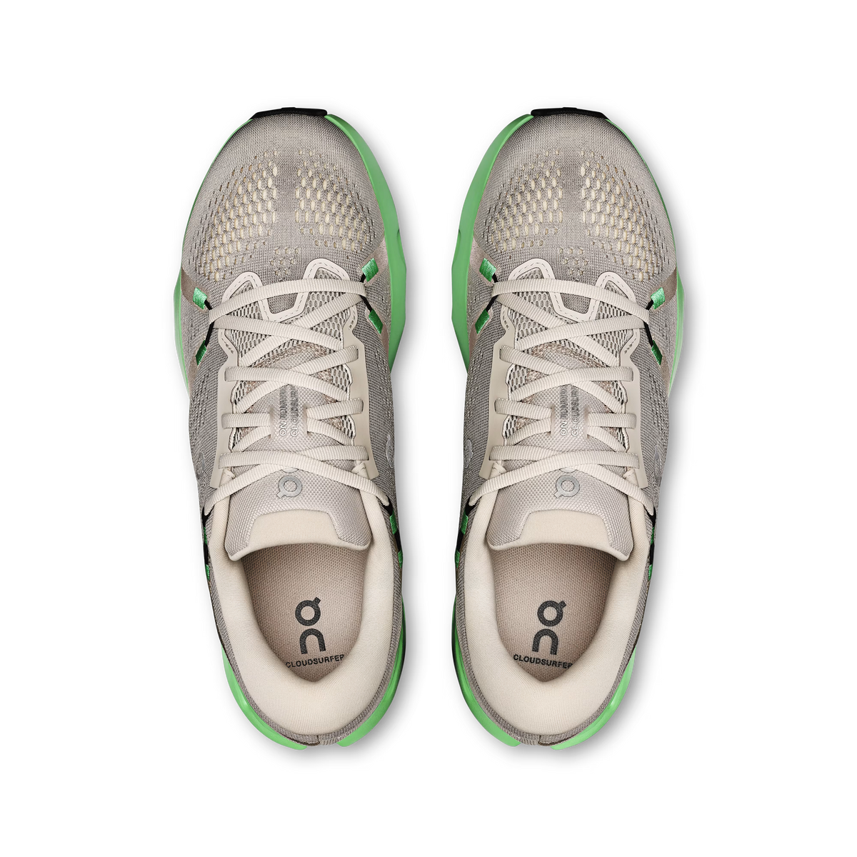 Men's On Cloudsurfer 2. White upper. Green midsole. Top view.