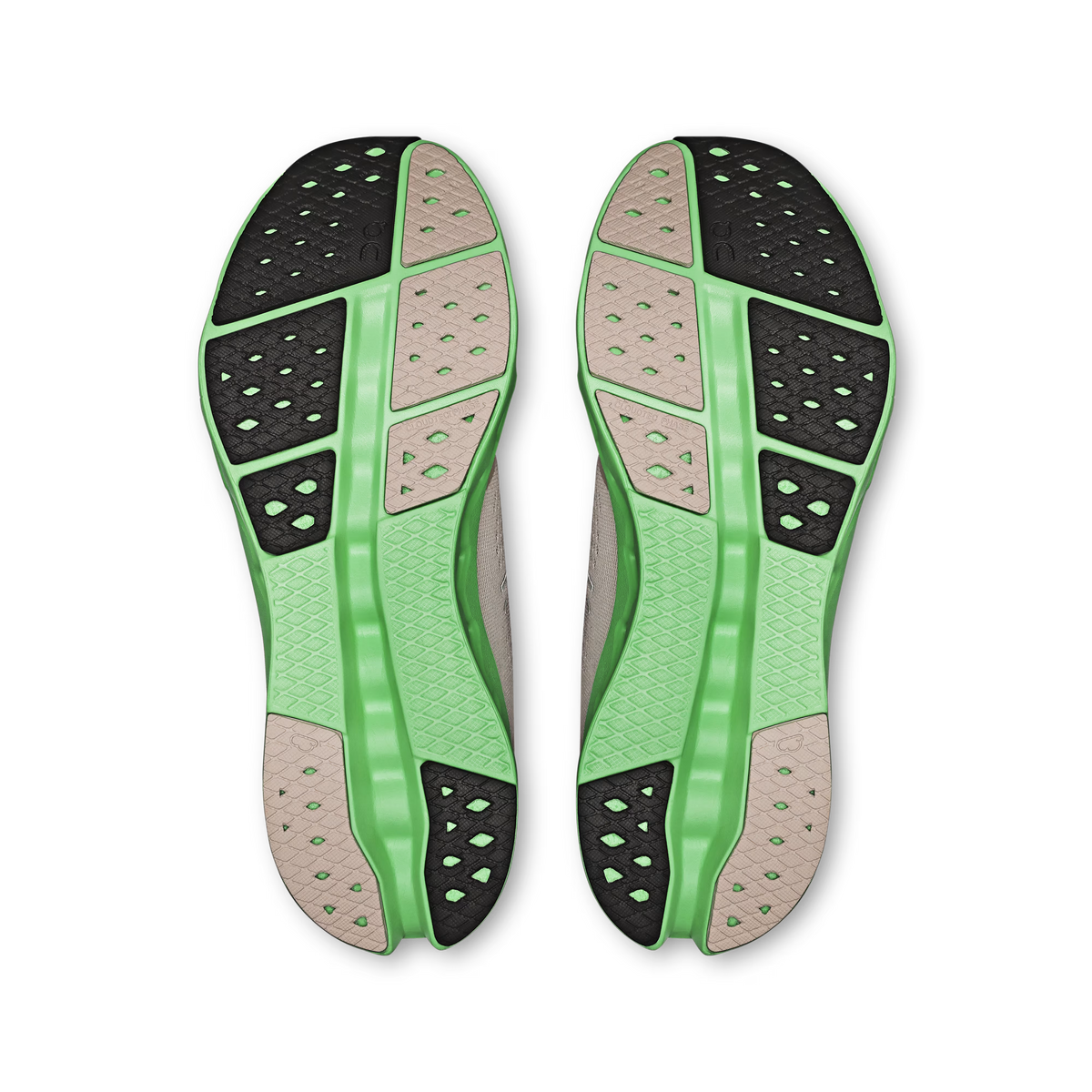 Men's On Cloudsurfer 2. White upper. Green midsole. Bottom view.