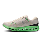 Men's On Cloudsurfer 2. White upper. Green midsole. Medial view.