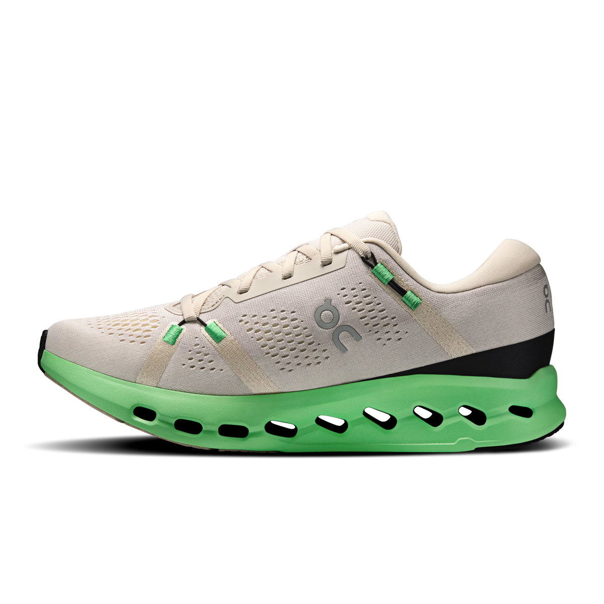 Men's On Cloudsurfer 2. White upper. Green midsole. Medial view.