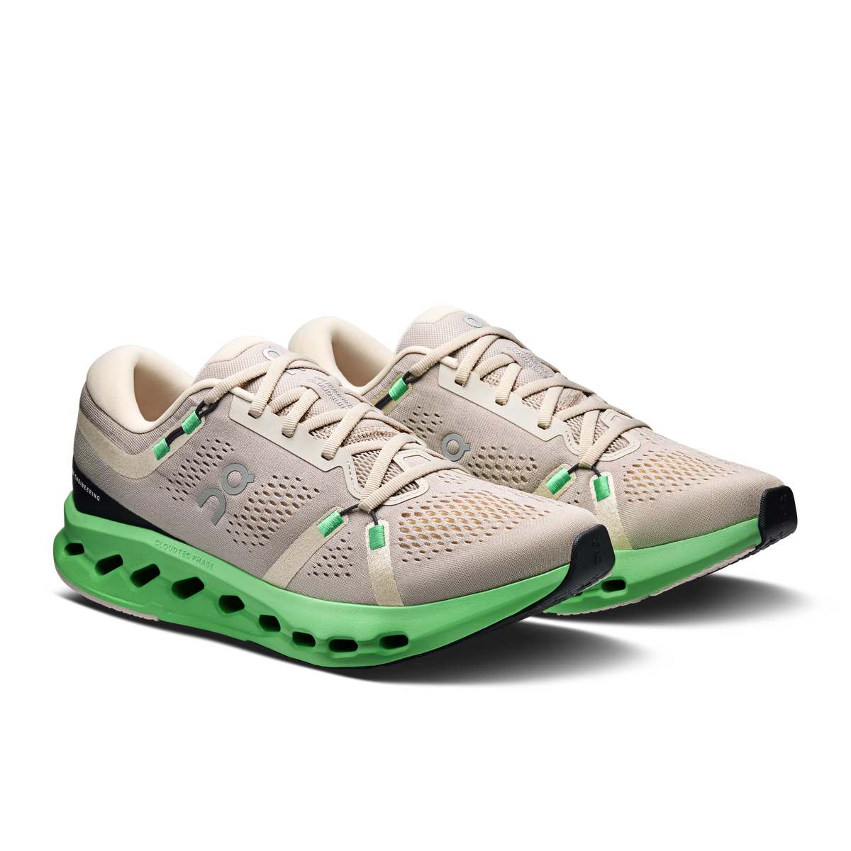 Men's On Cloudsurfer 2. White upper. Green midsole. Lateral view.