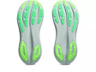Men's Asics Gel-Nimbus 28. Green upper. Green midsole. Bottom view.