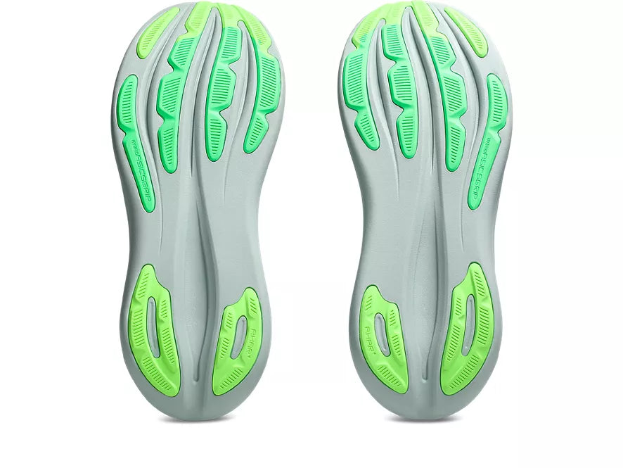 Men's Asics Gel-Nimbus 28. Green upper. Green midsole. Bottom view.