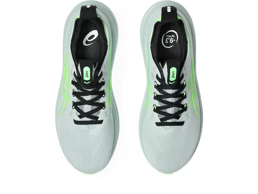 Men's Asics Gel-Nimbus 28. Green upper. Green midsole. Top view.