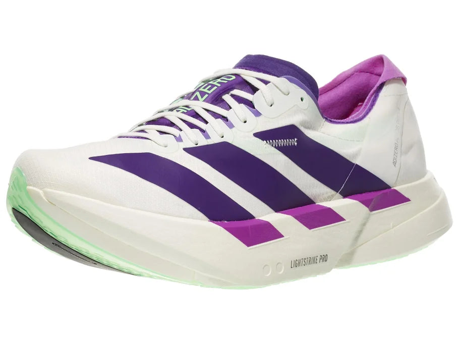 Men's Adidas Adios Pro 4. White upper. White midsole. Lateral view.