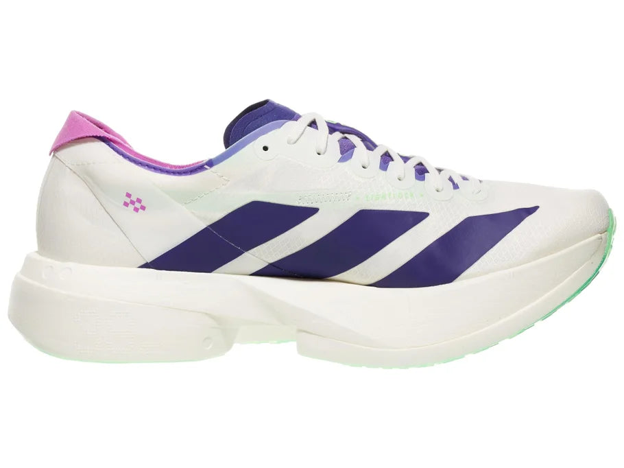 Men's Adidas Adios Pro 4. White upper. White midsole. Medial view.