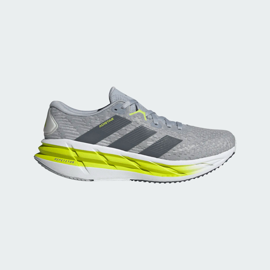 Men's Adidas Adistar 4. Grey upper. White and yellow midsole. Lateral view.