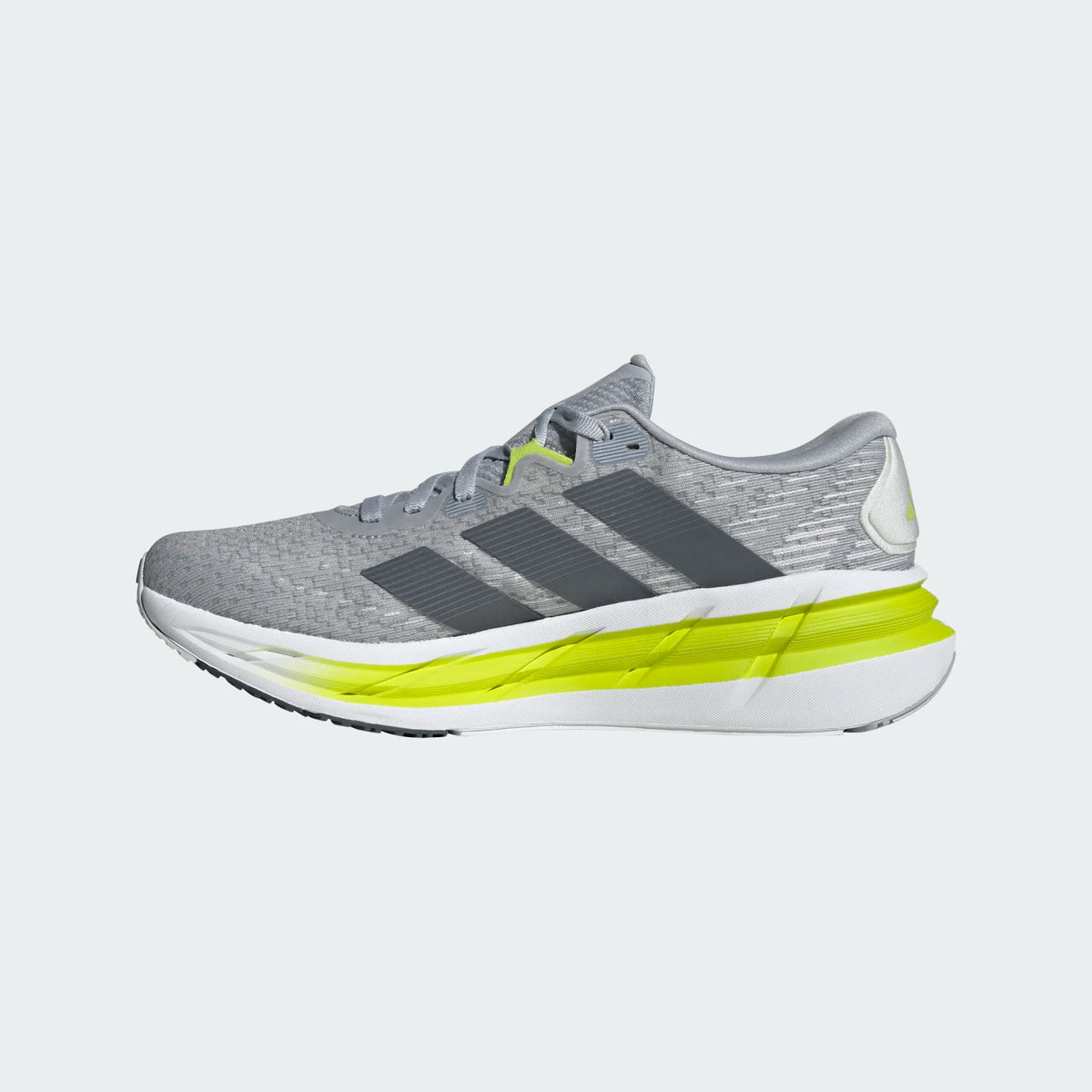 Men's Adidas Adistar 4. Grey upper. White and yellow midsole. Medial view.