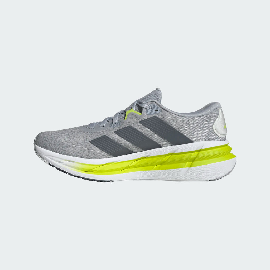 Men's Adidas Adistar 4. Grey upper. White and yellow midsole. Medial view.