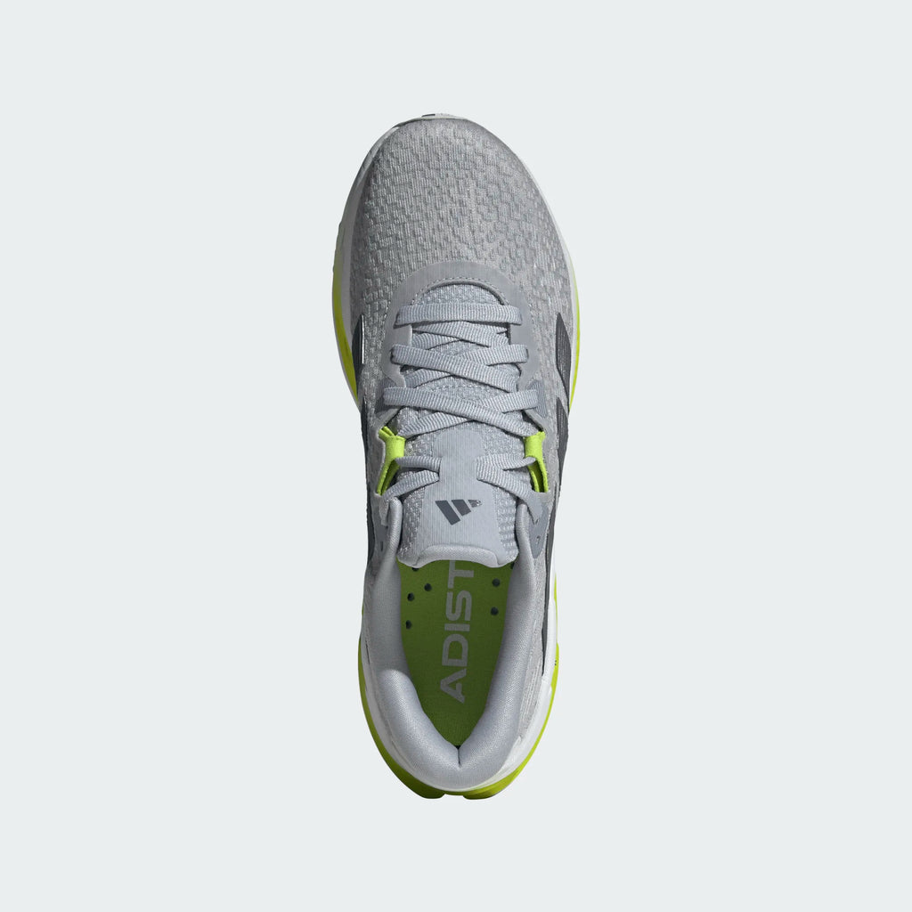 Men's Adidas Adistar 4. Grey upper. White and yellow midsole. Top view.