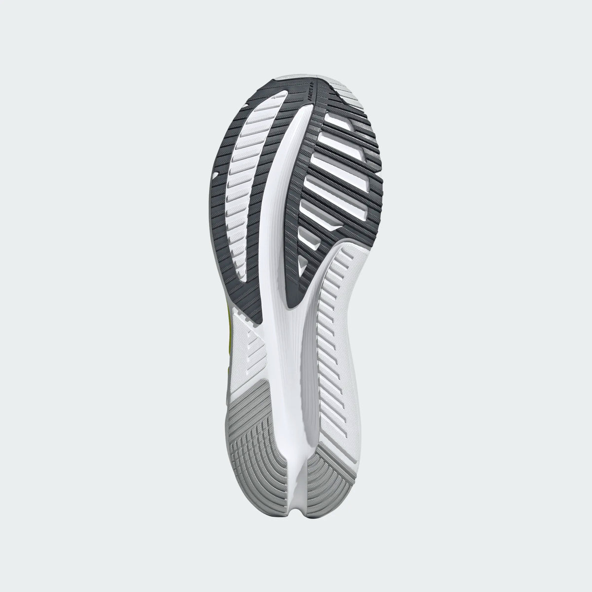 Men's Adidas Adistar 4. Grey upper. White and yellow midsole. Bottom view.