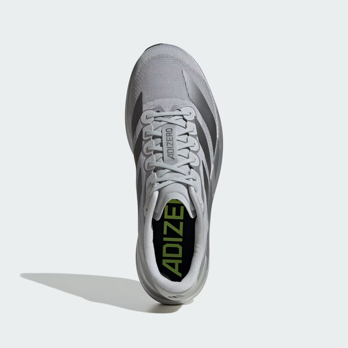 Men's Adidas Adizero EVO SL. Silver upper. Silver midsole. Top view.