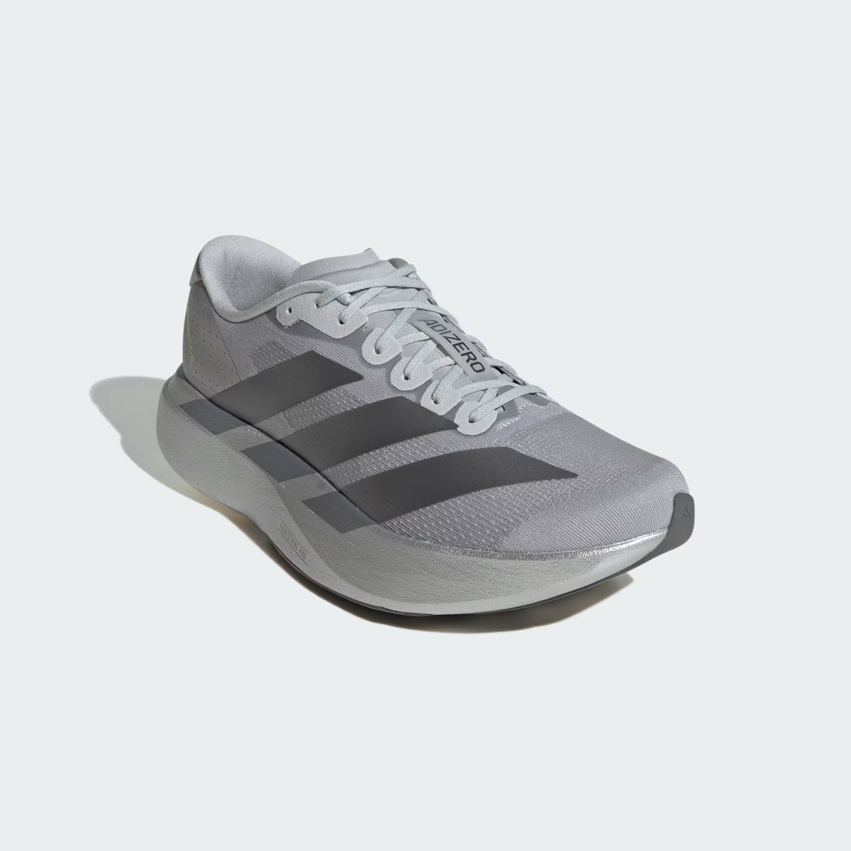 Men's Adidas Adizero EVO SL. Silver upper. Silver midsole. Lateral view.