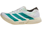 Men's Adidas Adizero Adios Pro 4. White upper. Off white midsole. Green logo. Lateral view.