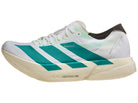 Men's Adidas Adizero Adios Pro 4. White upper. Off white midsole. Green logo. Lateral view.