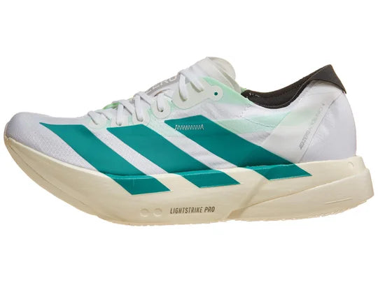 Men's Adidas Adizero Adios Pro 4. White upper. Off white midsole. Green logo. Lateral view.