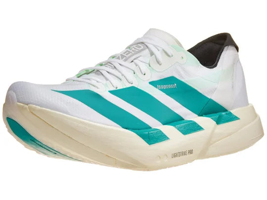 Men's Adidas Adizero Adios Pro 4. White upper. Off white midsole. Green logo. Lateral view.