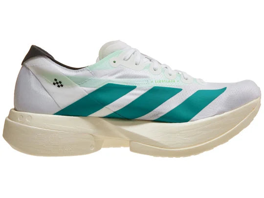 Men's Adidas Adizero Adios Pro 4. White upper. Off white midsole. Green logo. Medial view.
