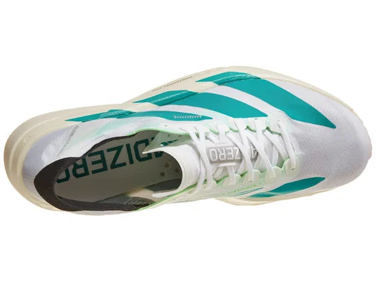 Men's Adidas Adizero Adios Pro 4. White upper. Off white midsole. Green logo. Top view.