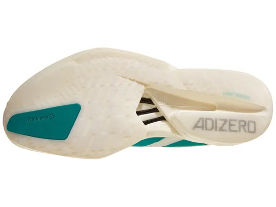 Men's Adidas Adizero Adios Pro 4. White upper. Off white midsole. Green logo. Bottom view.