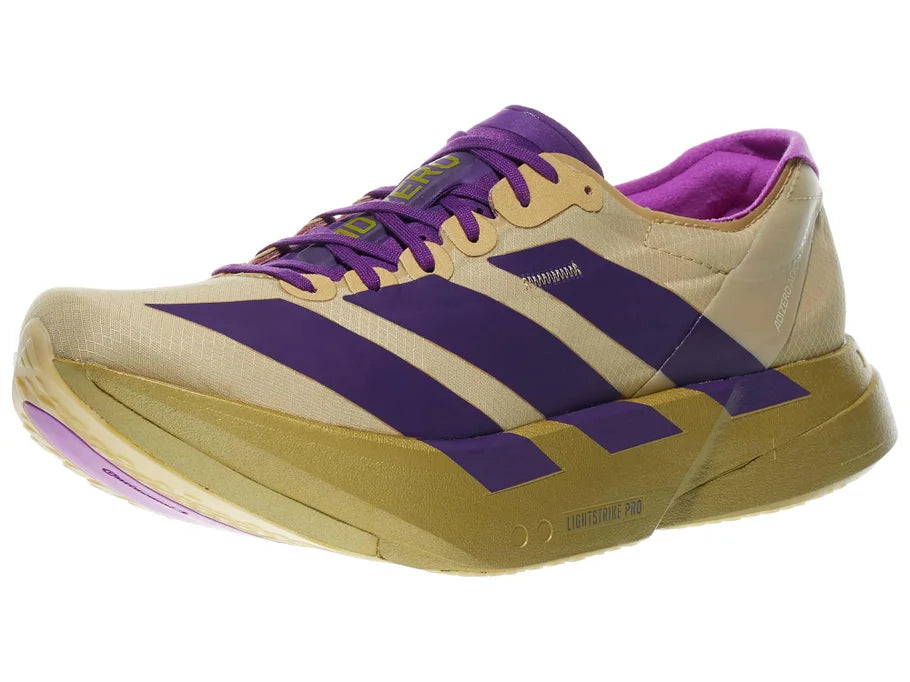 Men's Adidas Adizero Adios Pro 4. Tan upper. Gold midsole. Lateral view.