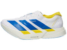 Men's Adidas Adizero Adios Pro 4. White and blue upper. White and yellow midsole. Lateral view.
