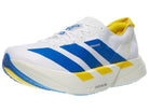 Men's Adidas Adizero Adios Pro 4. White and blue upper. White and yellow midsole. Lateral view.