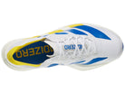 Men's Adidas Adizero Adios Pro 4. White and blue upper. White and yellow midsole. Top view.