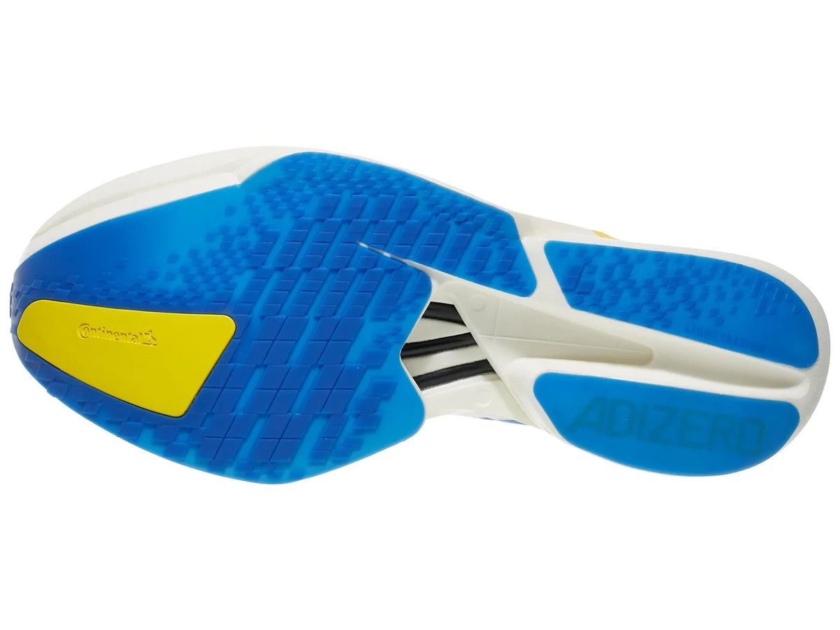 Men's Adidas Adizero Adios Pro 4. White and blue upper. White and yellow midsole. Bottom view.