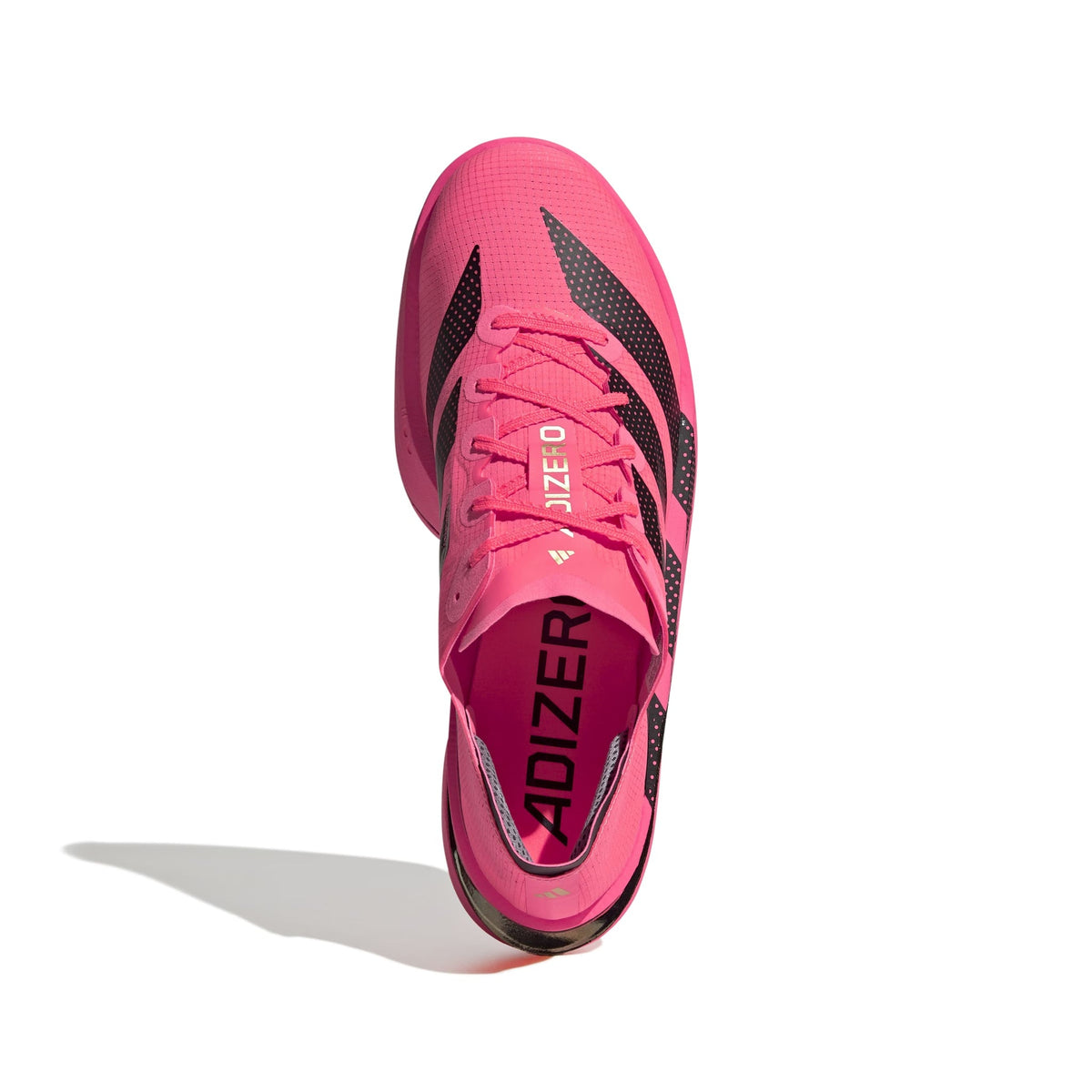 Top view of men's adidas Adizero Adios Pro 5 in Solar Turbo with black stripes and pink laces