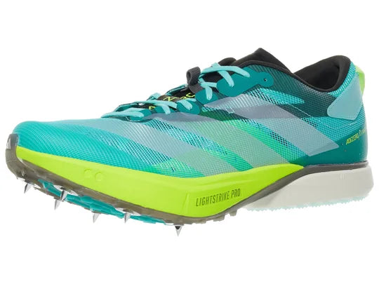 Men's Adidas Adizero Avanti XC. Teal upper. Yellow/White midsole. Lateral view.