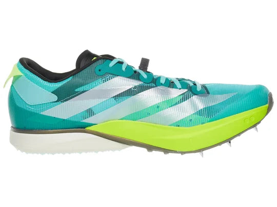 Men's Adidas Adizero Avanti XC. Teal upper. Yellow/White midsole. Medial view.