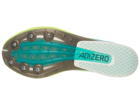 Men's Adidas Adizero Avanti XC. Teal upper. Yellow/White midsole. Bottom view.