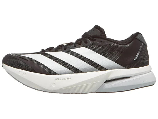 Men's Adidas Adizero Boston 13. Black upper. White midsole. Lateral view.