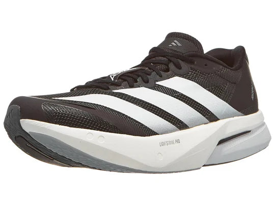 Men's Adidas Adizero Boston 13. Black upper. White midsole. Lateral view.