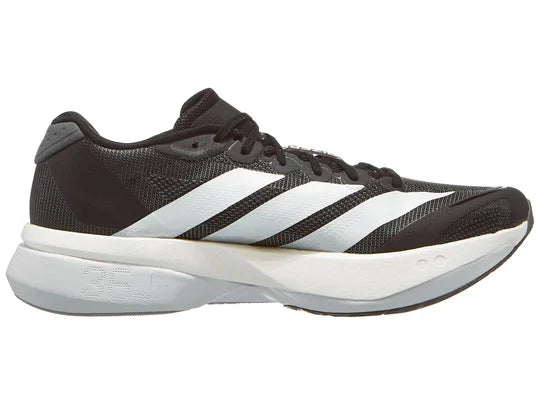 Men's Adidas Adizero Boston 13. Black upper. White midsole. Medial view.