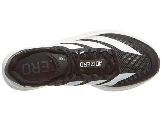 Men's Adidas Adizero Boston 13. Black upper. White midsole. Top view.