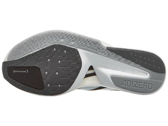 Men's Adidas Adizero Boston 13. Black upper. White midsole. Bottom view.