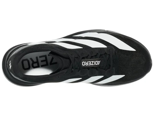 Men's Adidas Adizero Evo SL. Black upper. Black midsole. Top view.