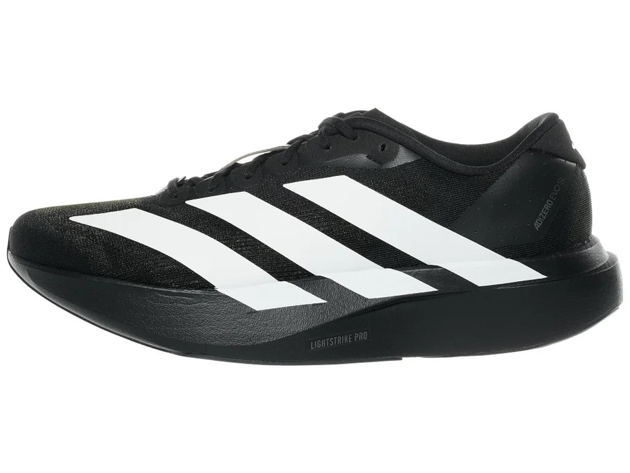 Men's Adidas Adizero Evo SL. Black upper. Black midsole. Lateral view.