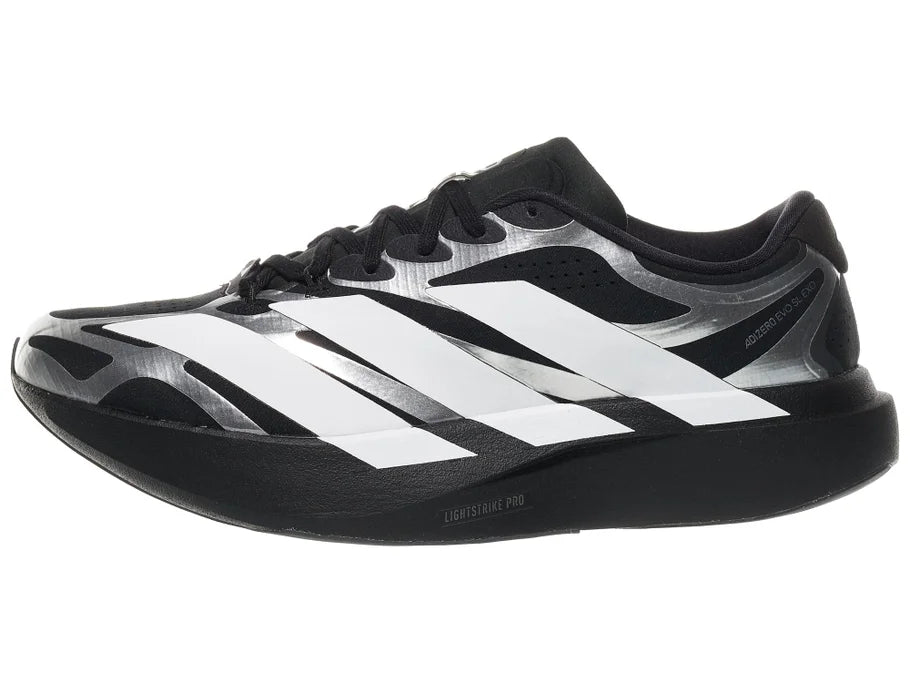 Men's adidas adizero evo sl exo. black upper. black midsole. Lateral view.