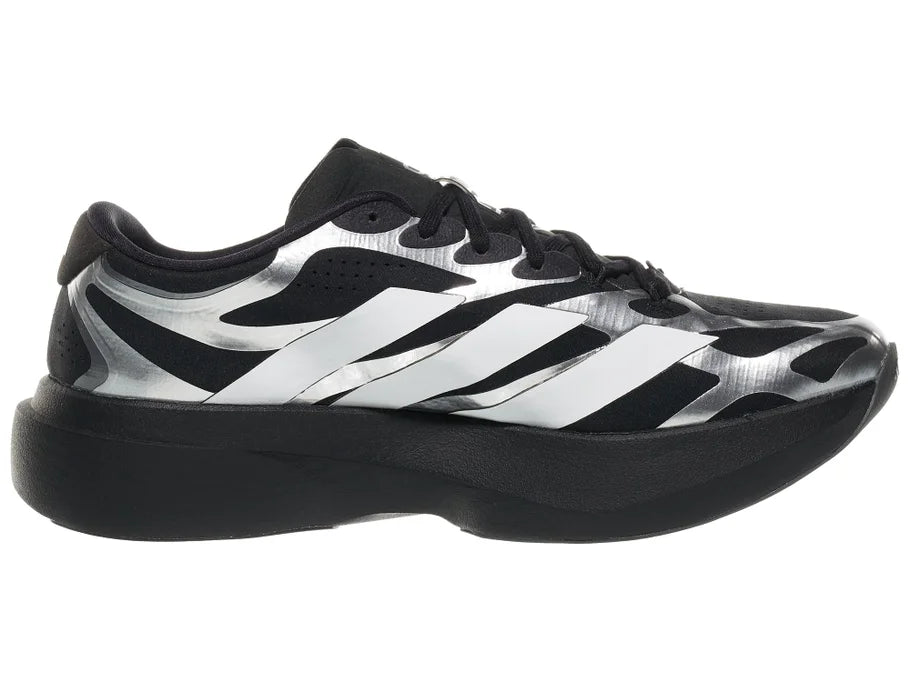 Men's adidas adizero evo sl exo. black upper. black midsole. Medial view.