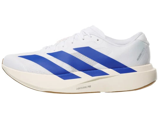Men's Adidas Adizero Evo SL. White upper. White midsole. Lateral view.
