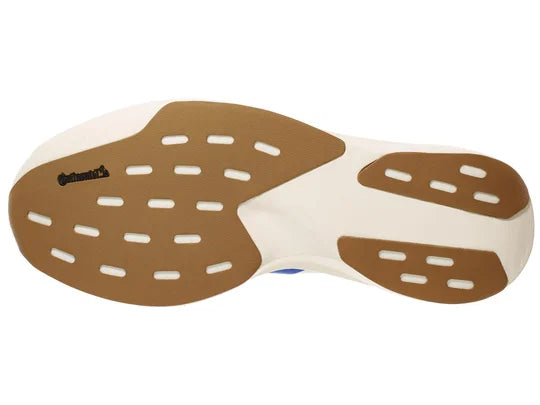 Men's Adidas Adizero Evo SL. White and blue upper. White midsole. Bottom view.