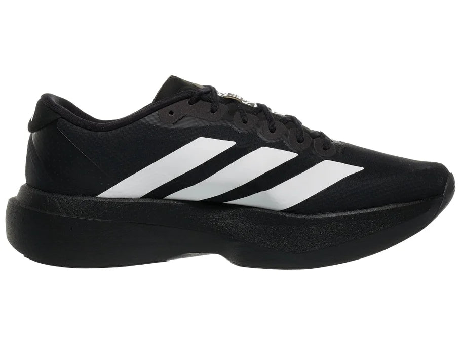 Men's Adidas Adizero Evo SL Woven. Black upper. Black midsole. Medial view.