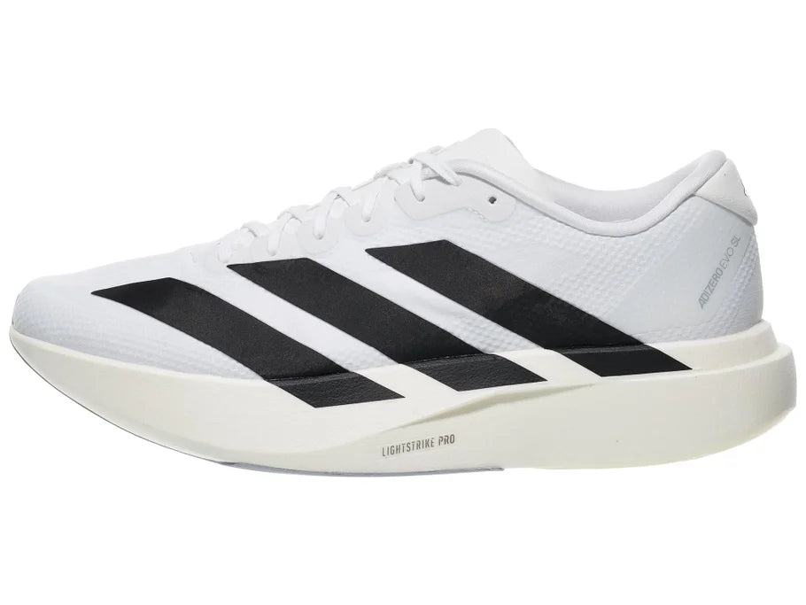 Men's Adidas Adizero EVO SL Woven. White upper. White midsole. Lateral view.
