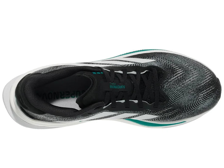 Men's Adidas Supernova Prima. Black upper. White midsole. Top view.