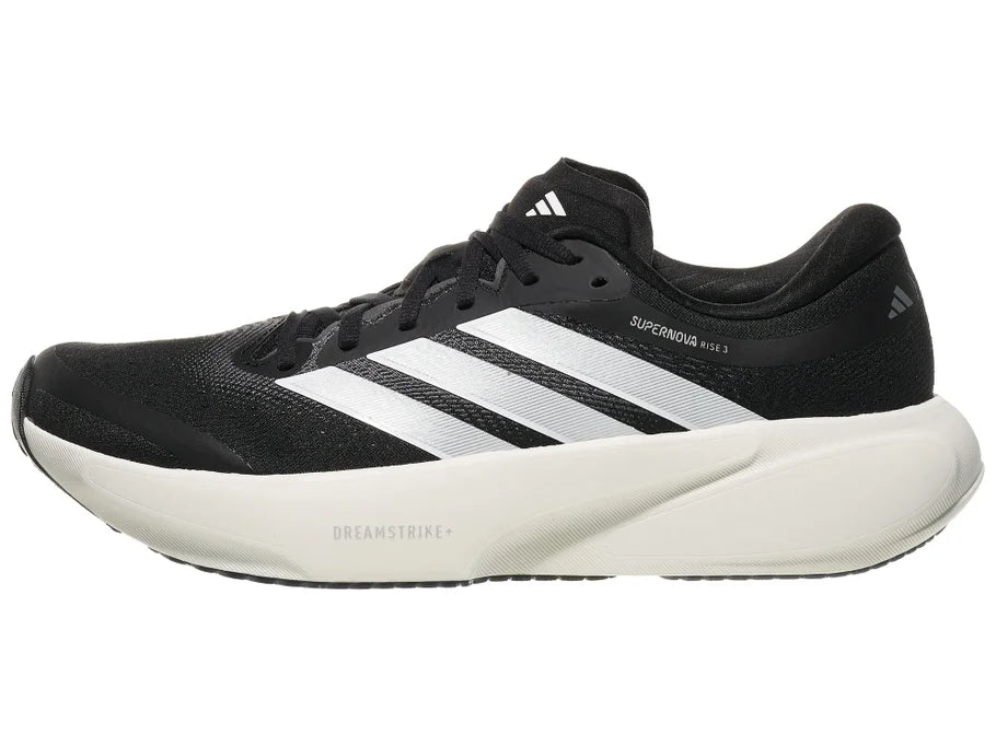 Men's Adidas Supernova Rise 3. Black upper. White midsole. Lateral view.